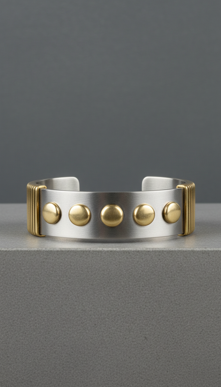 Industrial brass-accented stainless steel cuff